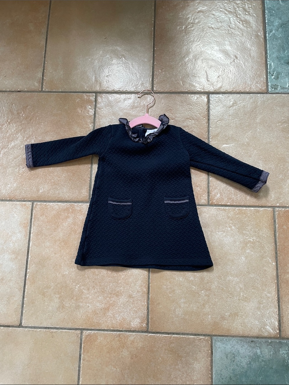 Girls' Navy Quilted Long-Sleeve Dress with Ruffle Collar